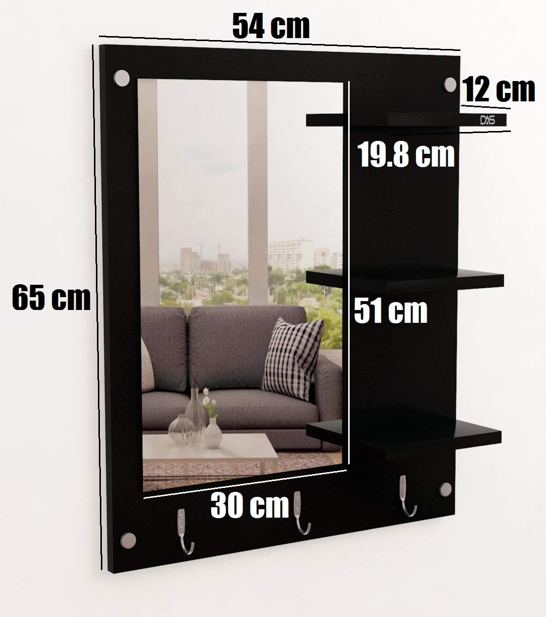 DAS Wall Mount Makeup Vanity Dresser Dressing Mirror/Glass/Table and Multipurpose Rack Shelves with Elegant Double Stainless Steel Hooks (Black)- Evelyn 3
