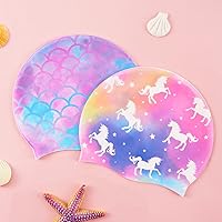 Vista 5 de Paquete de 2 gorros de natación de silicona duraderos para niños y niñas pequeños, impermeables, para piscina, piscina, cómodos sombreros