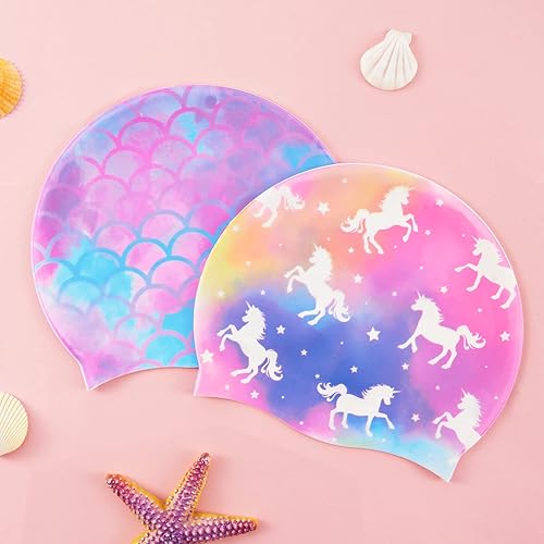 Miniatura 5 de Paquete de 2 gorros de natación de silicona duraderos para niños y niñas pequeños, impermeables, para piscina, piscina, cómodos sombreros de