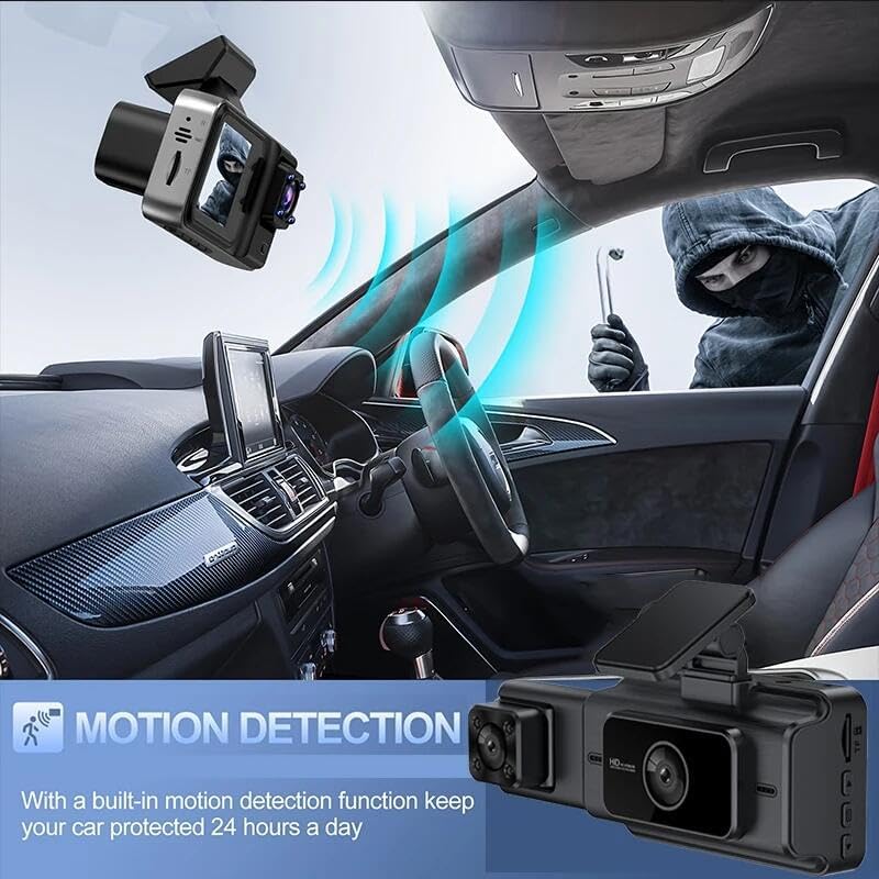 Illustration of motion detection, showing the dashcam detecting a person near a car with blue waves indicating detection.