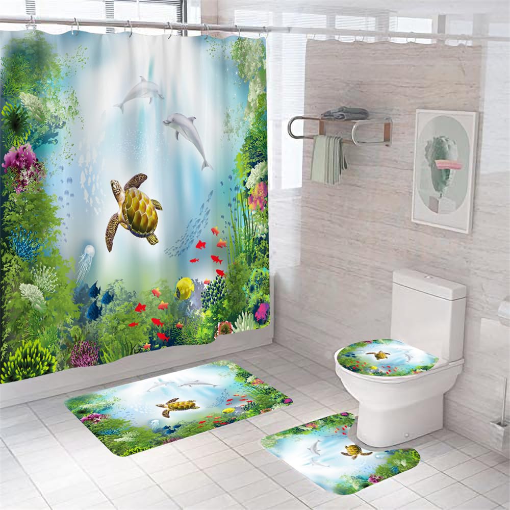 Alfombra Baño Animales Verdes Juego De 4 Alfombras Lavable,Secado Rapido - Baño*1+Tapa del Inodoro*1+ Alfombra*1 Tipo U+Cortinas 180X180 45X75Cm