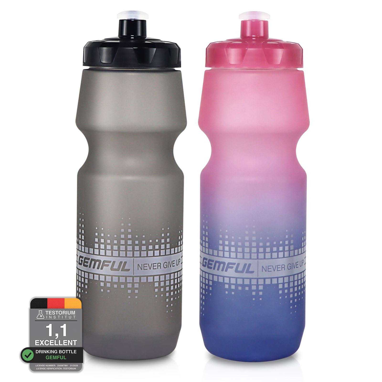GEMFUL Bike Water Bottle, 750ml Leak Proof & BPA Free, Durable Lightweight Squeeze Bottles for Road Bike, MTB, Hiking, Running （Grey/Pink Blue）