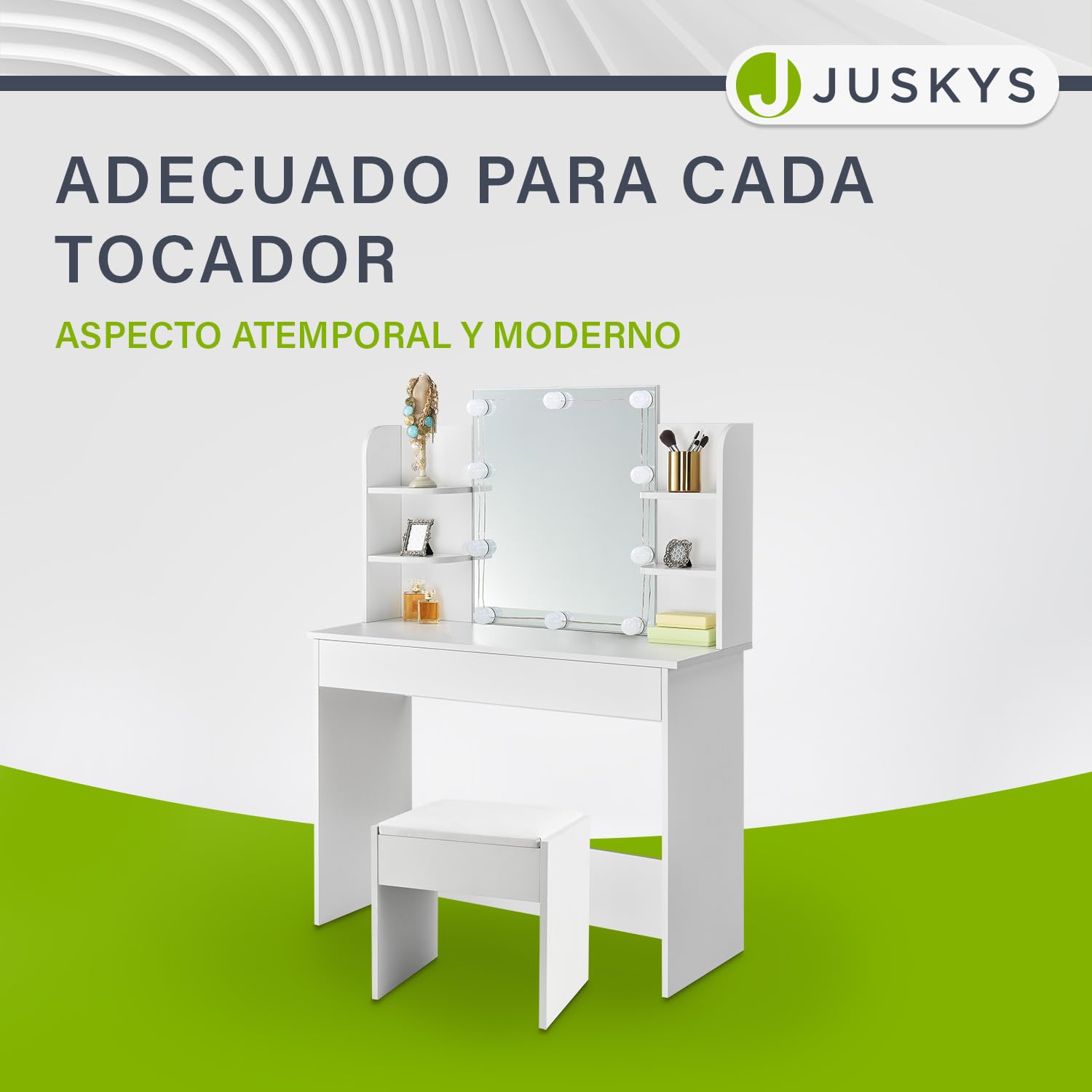 Juskys Tocador Melly Con Taburete - Madera Con Cojín Acolchado y Funda de Polipiel - Moderno y Acolchado de 40 x 30 x 43 cm en Blanco