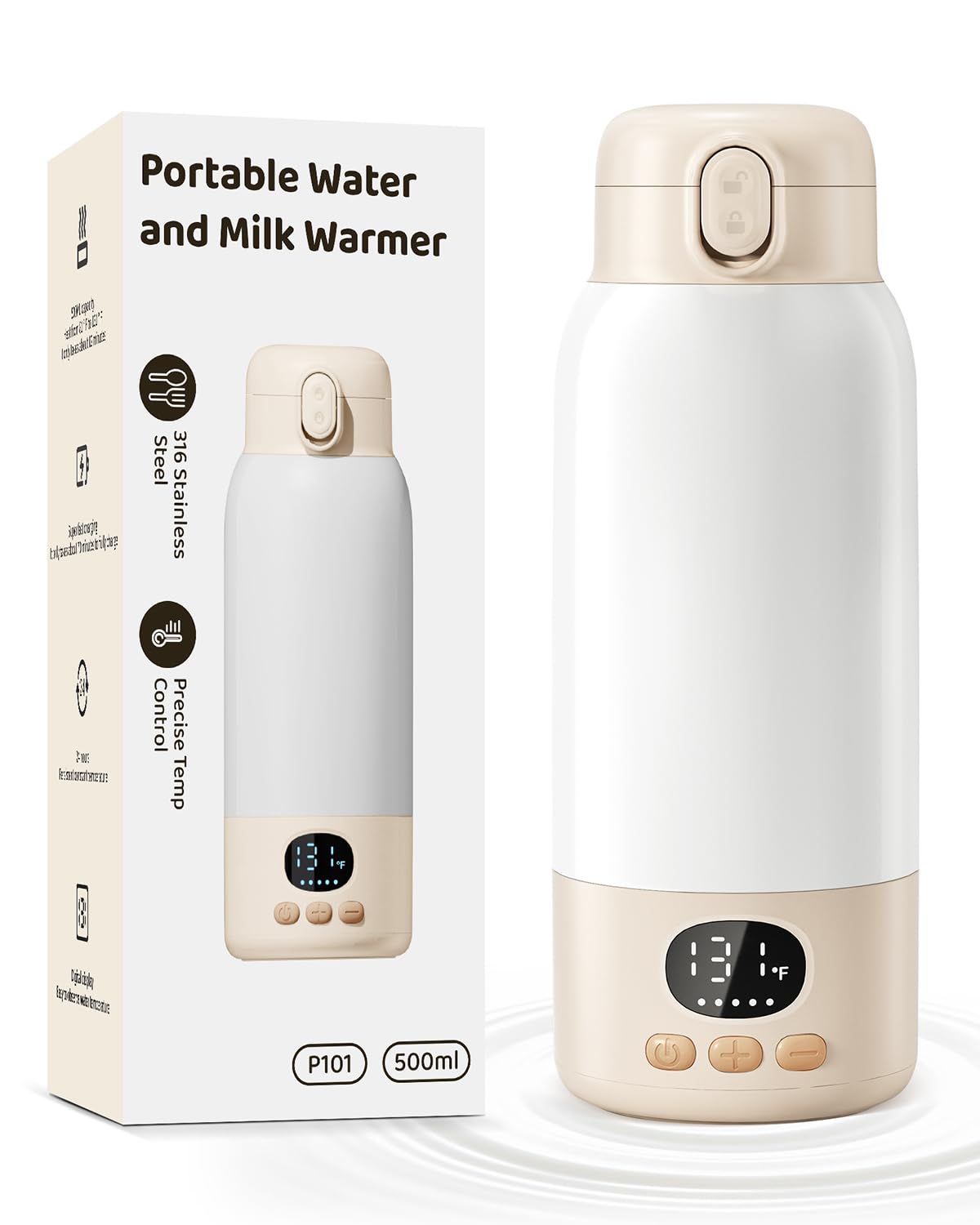 Lxlu Portable Bottle Warmer for Breast Milk, Formula, Water, 17oz Large Capacity, Fast Heating & Precise Temp Control Baby Milk Warmer for Travel, Car, Outdoors Beige01