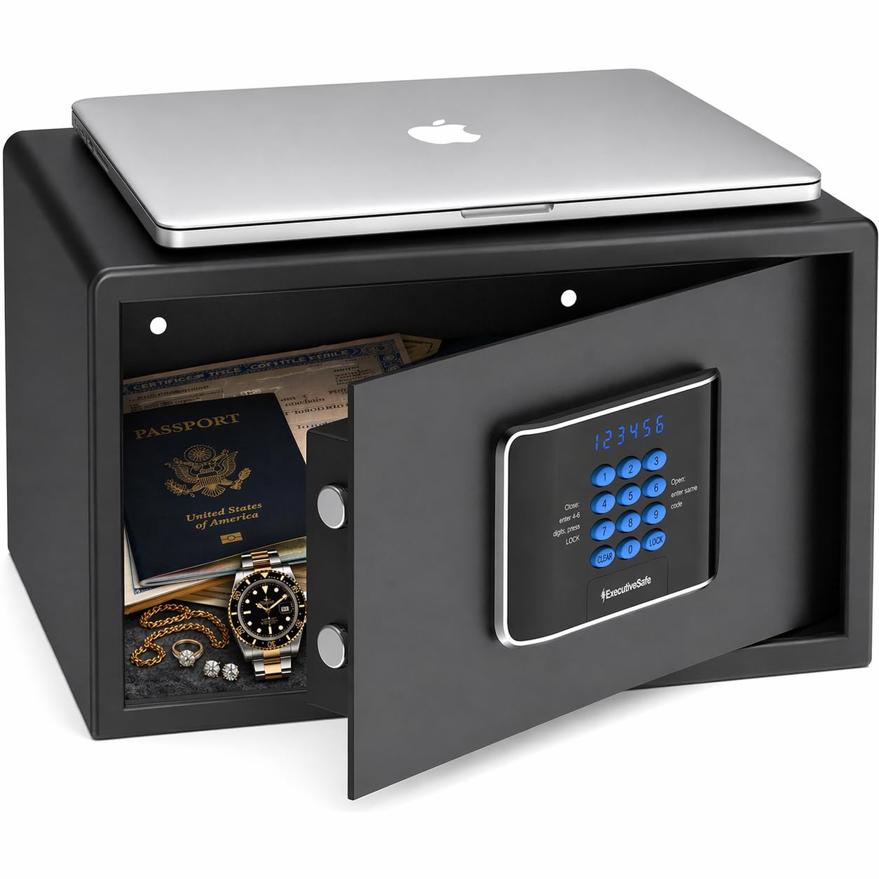 ExecutiveSafe AXS-5 Large Digital Laptop Safe Box for Home, Office & Hotel – Fits 17” Laptop, Electronic Keypad, Motorized Bolts, LED Display, USB Port & Emergency Key Lock – 29.3L Black Safe