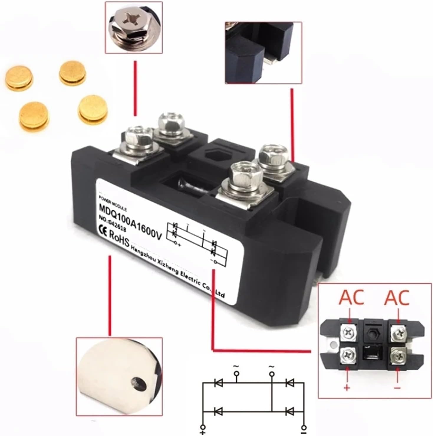 1PCS MDQ100A1600V Single-phase Rectifier Bridge 12V 24V 36V 48V 220V 480V AC-DC Module 100Amp 1600V Diode Rectifier(Radiator HS2095)