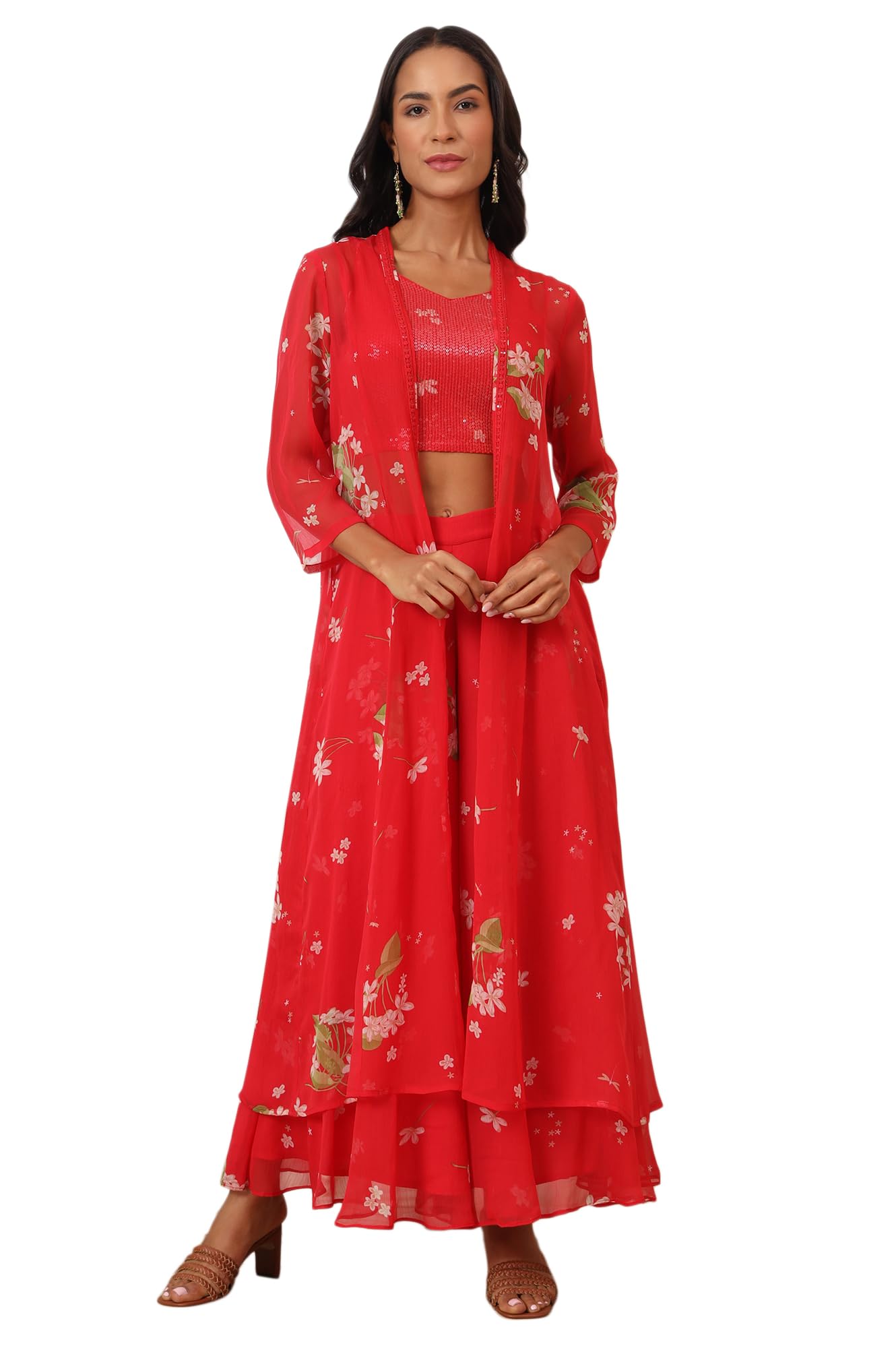 Floral Printed Chiffon Jacket, Crop Top and Culottes Set-image-42