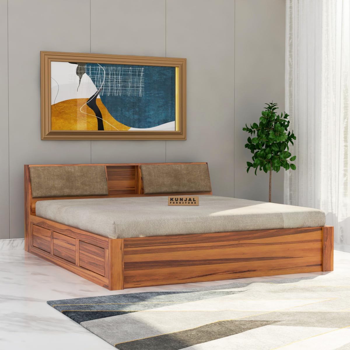 Kunjal Furniture Solid Sheesham Wood Bed with Headboard & Box Storage - Handcrafted Wooden Bed for Bedroom - Ideal for Home (Arbor Natural, King)