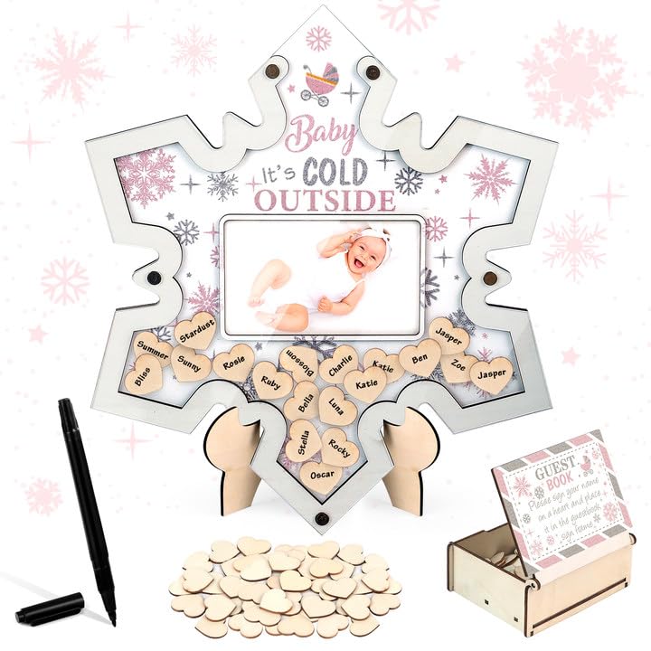 63 Pieces Snowflake Baby Shower Guest Book Alternatives Christmas Winter It's Cold Outside Boy Girl Baby Shower Photo Frame Keepsake with 60 Wooden Heart Slices Bulk for Baby Memory Box Sign Gift Birthday Party Decorations Favors
