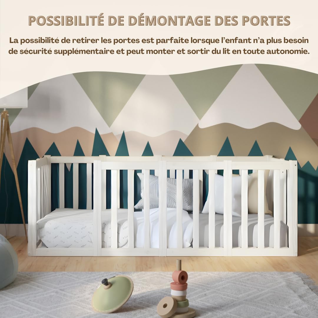Lit Enfant 180x140 cm – Lit Montessori au Sol avec Haute Barrière 73cm et Barrière Amovible - Bois Blanc avec Surface Lisse - Parfait pour Garçons et Filles Crazy Johnny