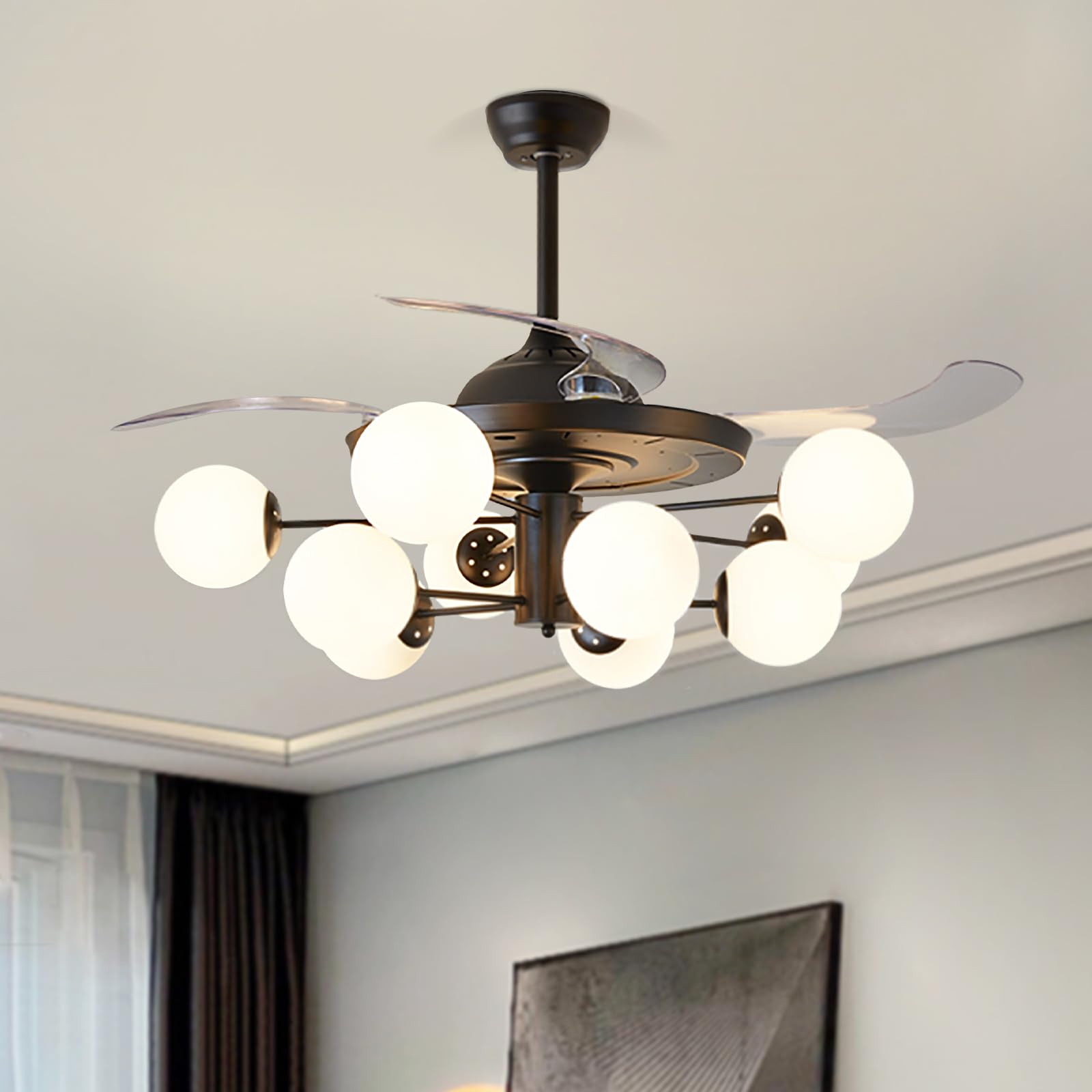 Fandelier Ceiling Fan with Light: Modern 10-Light Chandelier with Fan for Bedroom - Black Sputnik Fandeliers for Living Dining Room - 42" Retractable Fan Light with Remote
