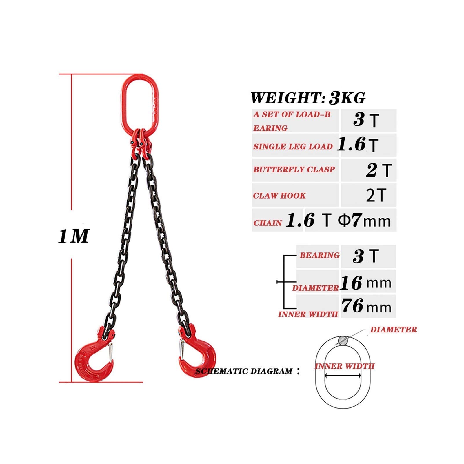 Cinghia a catena da 2 tonnellate, grado 100, sollevabile in modo sicuro ed efficiente con capacità di 2,999,6 kg, resistente catena da 1/2 per macchinari ed edifici, misura 1 m, con anelli e ganci,