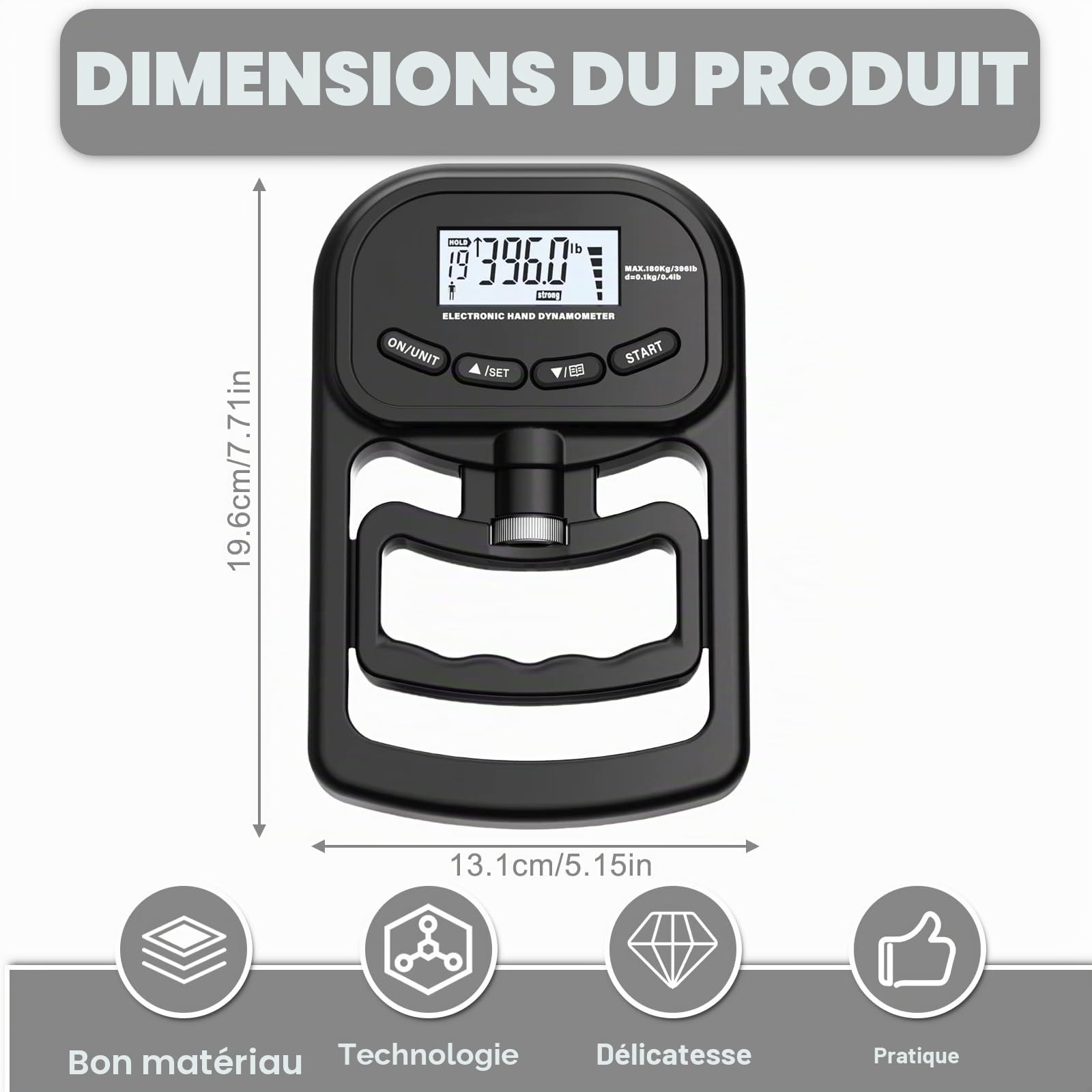 Appareil de musculation numérique à main, 180 kg, dynamomètre, avec câble de charge USB, appareil de force de préhension électronique, grand écran LED