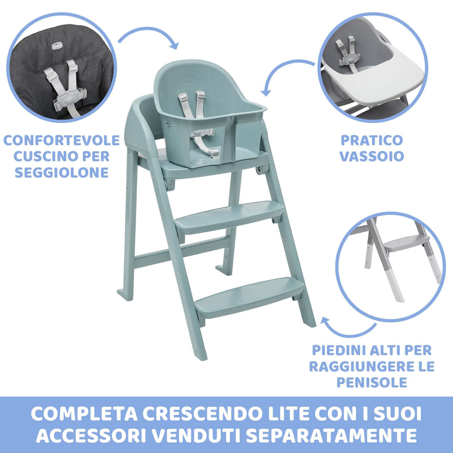 Chicco Crescendo Lite Seggiolone Pappa Evolutivo per Bambini dai 6 Mesi fino a 110 kg, Como Lake, Verde Acqua
