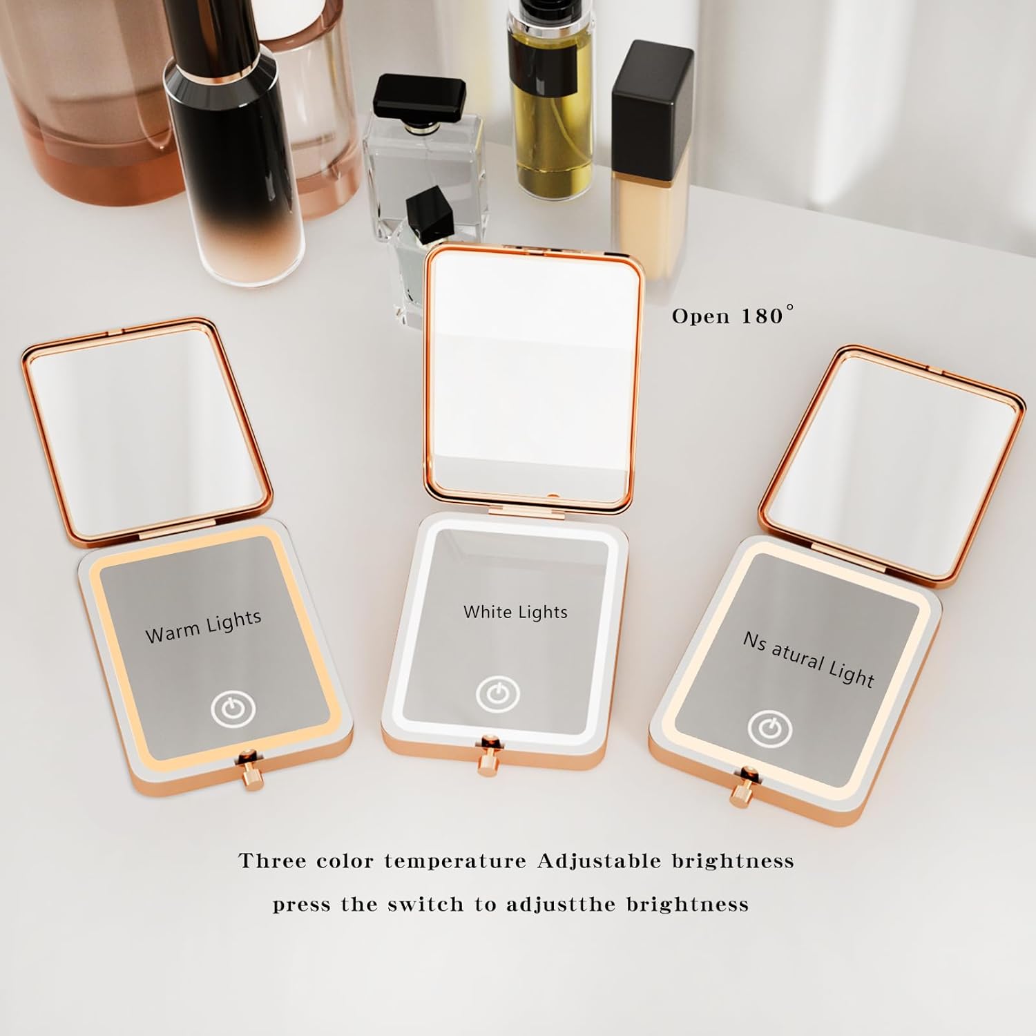 Compact Makeup Mirror with Lights, Rechargeable Dimmable 3 Color Lighting 3X Magnification LED Mirror for Pocket, Purse, Travel Portable Folding Hand, Gifts for Wife I Love You Wife Rose Gold (Wife) - Image 4