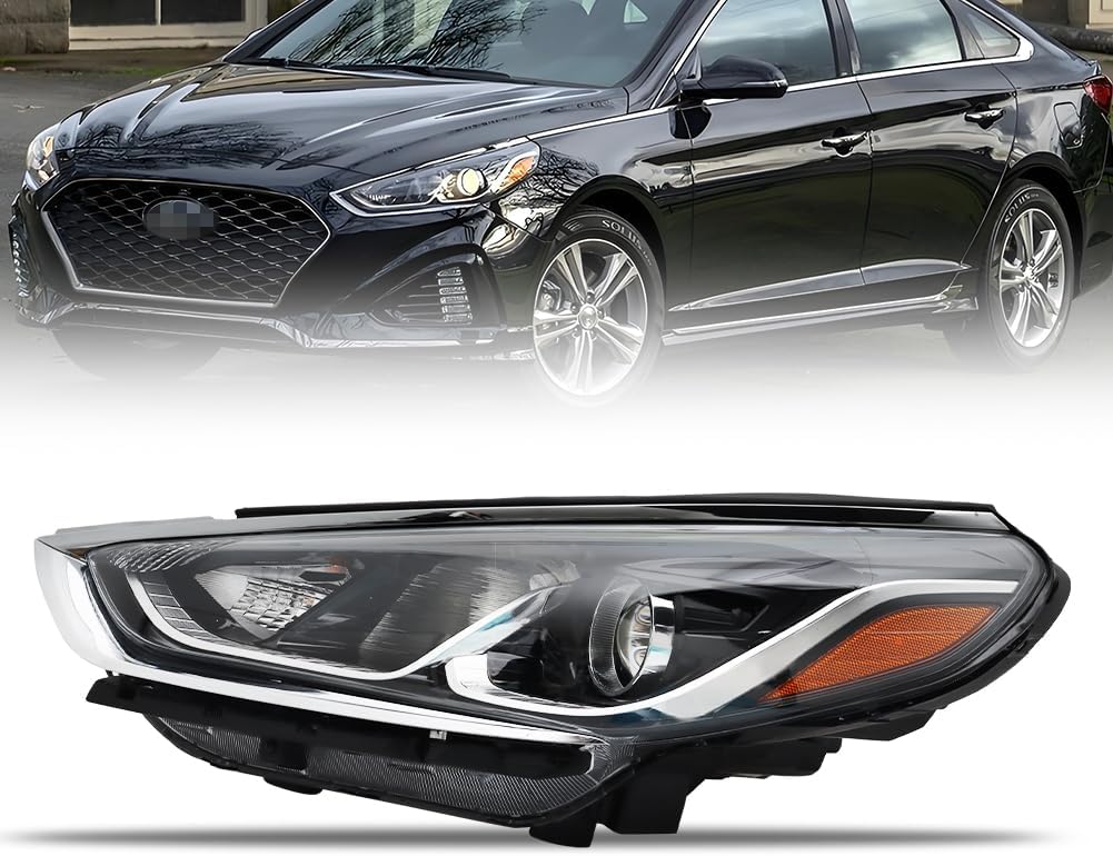 Left Headlight Assembly for 2018 2019 Hyundai Sonata, Driver Side Halogen Headlamp with Clear Lens Black Housing Amber Reflector, 1 PC, Replace# 92102-C2500, 92102C2500 Left Driver Side