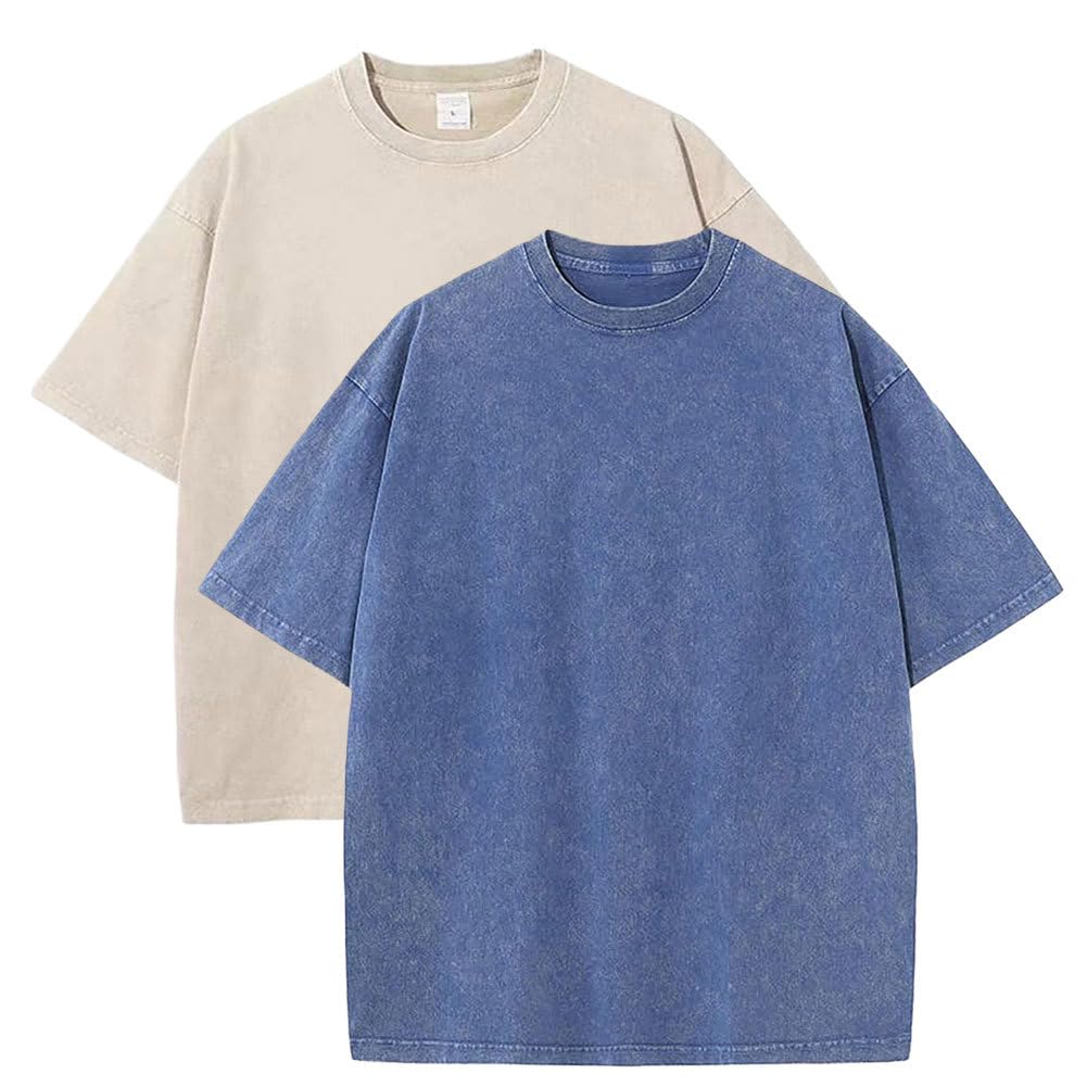 Botong Men's Apricot+Blue Oversized Workout Shirts For Wo Vintage Heavyweight T Shirts For Casual Loose Pump Covers Gym 5XL