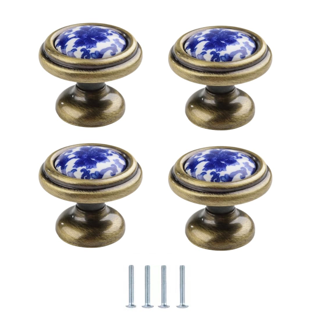 Lqzaxsrdr 32*27Mm Ceramic Cupboard Drawer Handle Knobs, Blue And White Porcelain Ceramic Knobs Pack Of 4 Multiple Sizes Single Hole(32 * 27Mm)