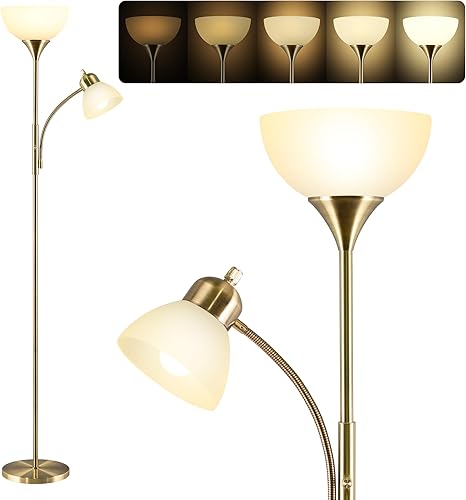 Lámpara de pie, lámpara de pie regulable, brillo de atenuación continua, incluye bombillas LED de 9 W y 5 W, lámpara de pie industrial para sala de