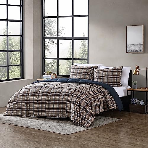 Image of Eddie Bauer- Twin Duvet Cover Set, Reversible Microsuede Bedding Set with Matching Sham, Dorm Essentials (Rugged Plaid Brown)