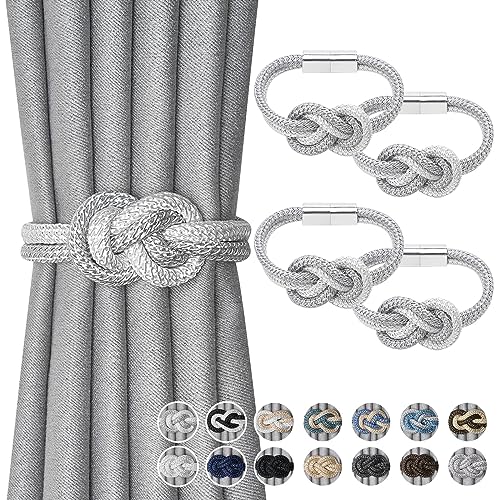 NICEEC 4 Pack Mini Magnetic Curtain Tiebacks Nordic Simple Style Drape Tie Backs Elegant Hand Weave Rope Knot Decorative Curtain Holdbacks for Home & Office Thin Window Drapery (Grey & White)
