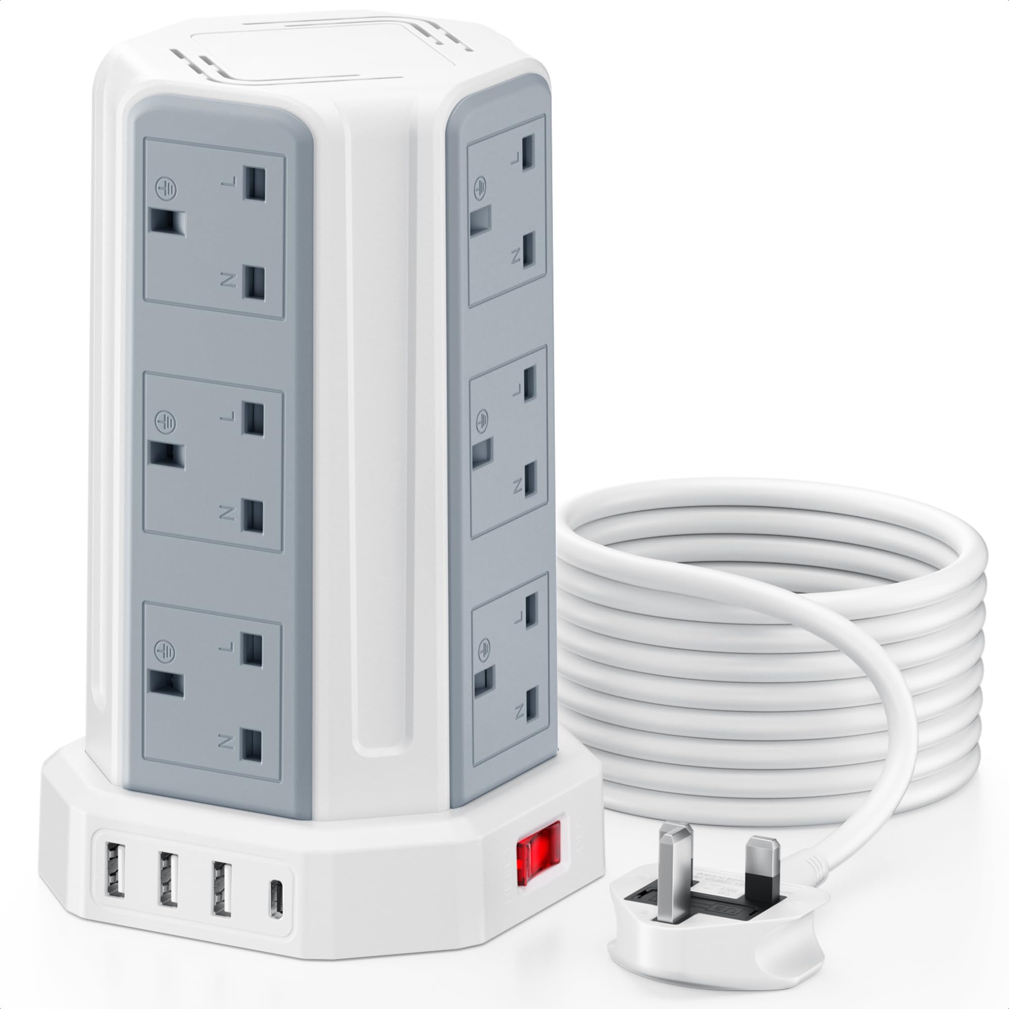 Tower Extension Lead, Aodeng 12 Way Extension Tower Multi Plug Extension Sockets with 4 USB Slots, [13A 3250W] Surge Protector Long Extension cable for Home, Office, Kitchen — view 10