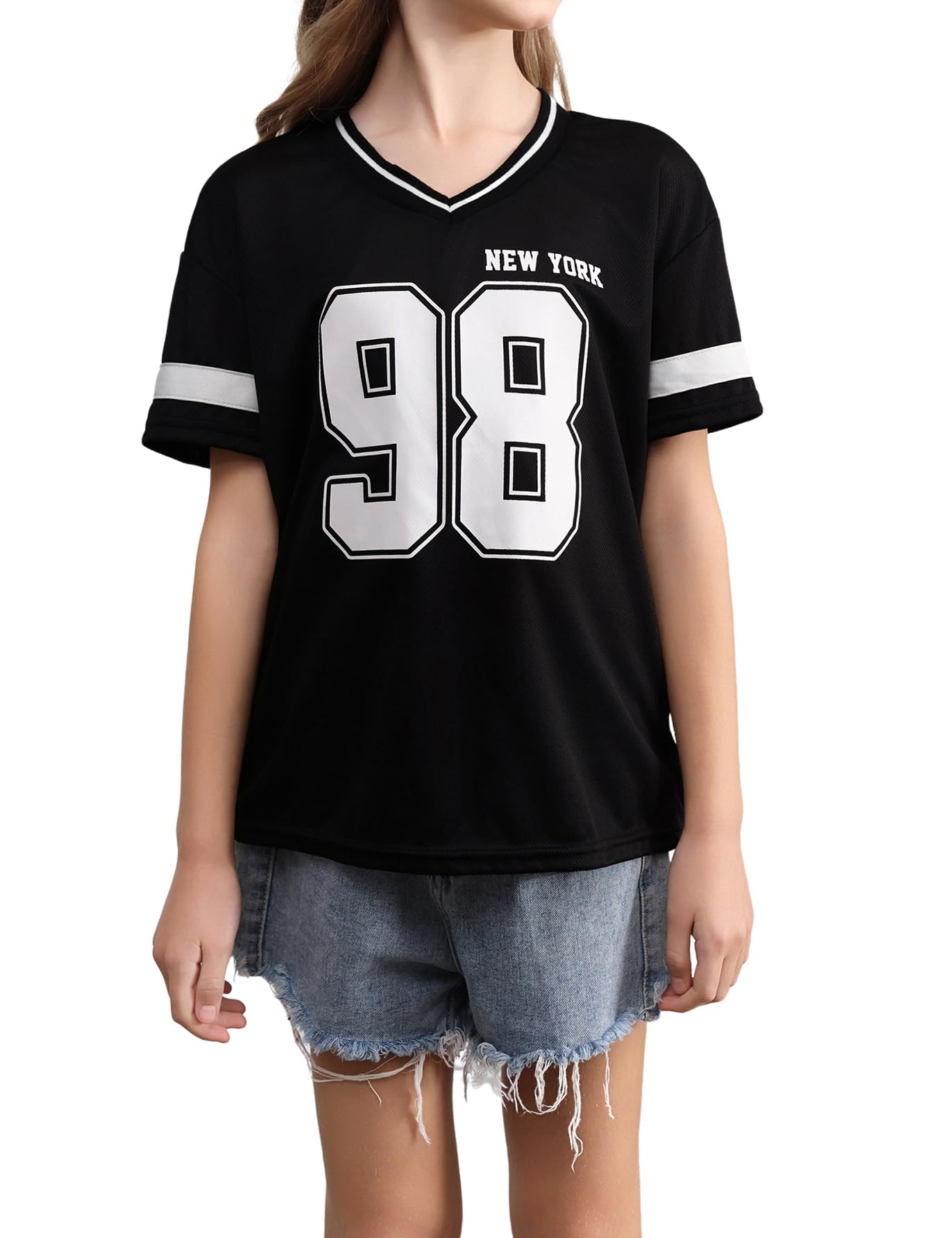 SHENHE Girl's Graphic Baseball Jersey Shirt V Neck Short Sleeve Loose Sport Teen Preppy Tshirt Top