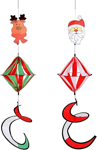 Paquete de 2 molinos de viento rizados, diseño de Papá Noel, muñeco de nieve de Navidad de 40 pulgadas, decoración de molino de viento colgante con