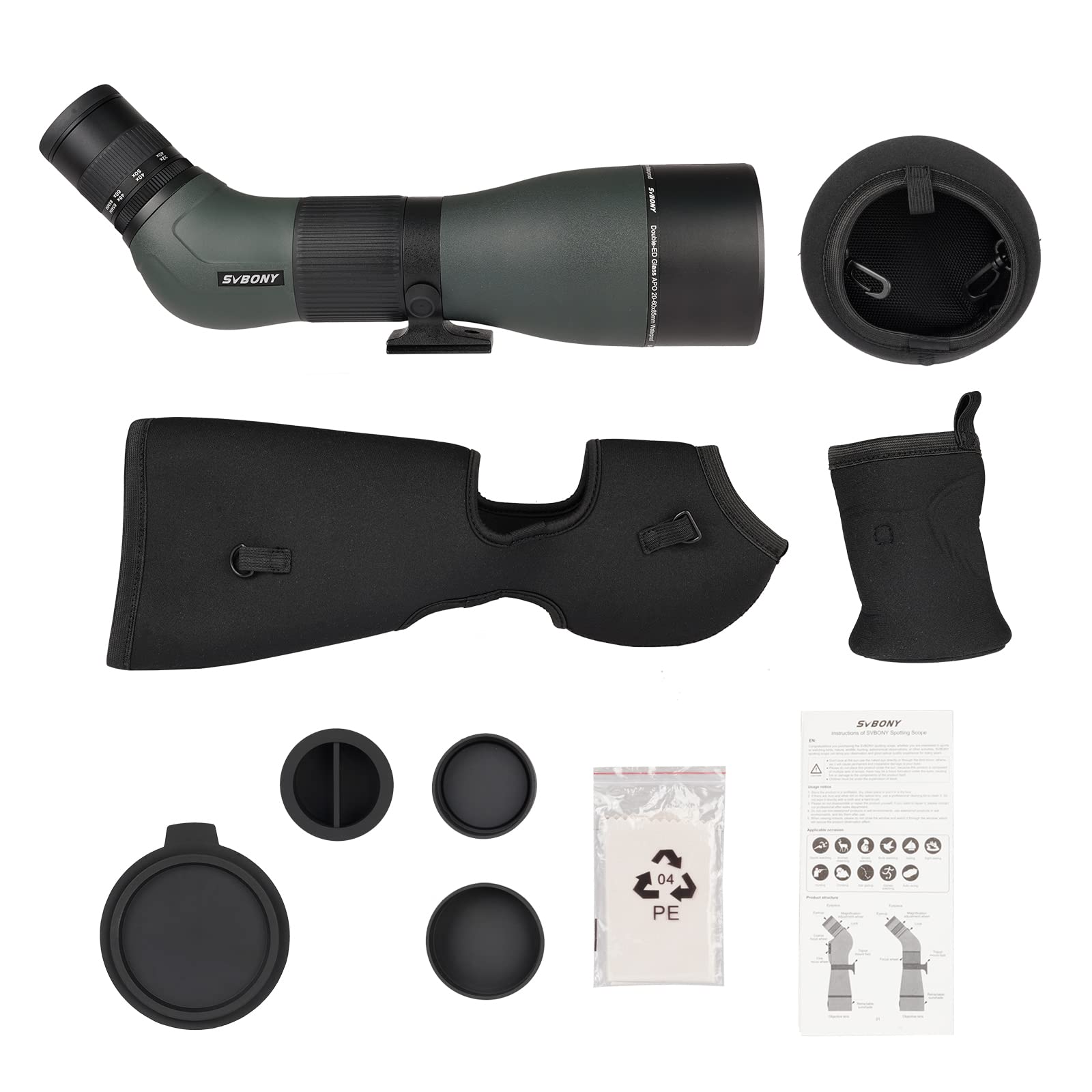 Svbony SA401 APO Lunety Obserwacyjne 20-60x85, Dwukrotnie ED Szkło Spotting Scope Precyzyjna Focus, Wodoodporna Fogproof Teleskop Kątowy Spektiv do Birdwatching, Natura