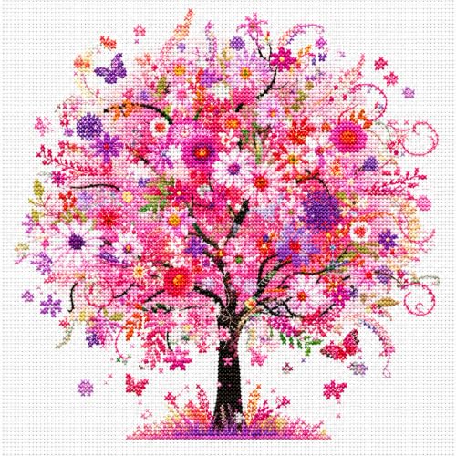 Image of Zhenqing Pink Blossom Tree Stamped Cross Stitch Kit for Beginners, 11CT Printed 11.8 x 11.8 Inch Romantic Flower Tree Pattern with Threads, 2 Needles and English Instructions, DIY Wall Decor Gift