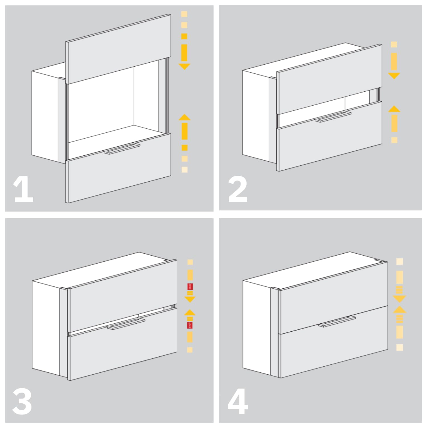 Evotrade Sistema deslizante VERTIKAL Indaux para 2 puertas, movimiento sincronizado con cierre suave amortiguado para módulos con altura 600 mm y 700 mm (1/2, 600)