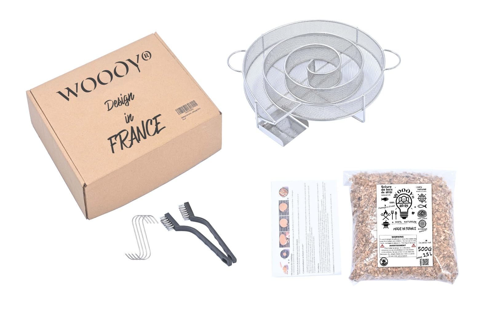 Générateur de Fumée Froide (serpentin pour fumoir)+La Sciure de Bois Hêtre Inclus 1.3 L (MADE IN FRANCE)+4 Crochets +2 Brosses de Nettoyage Offerts, Fumoir pour Viande et Poisson,Manuel en français