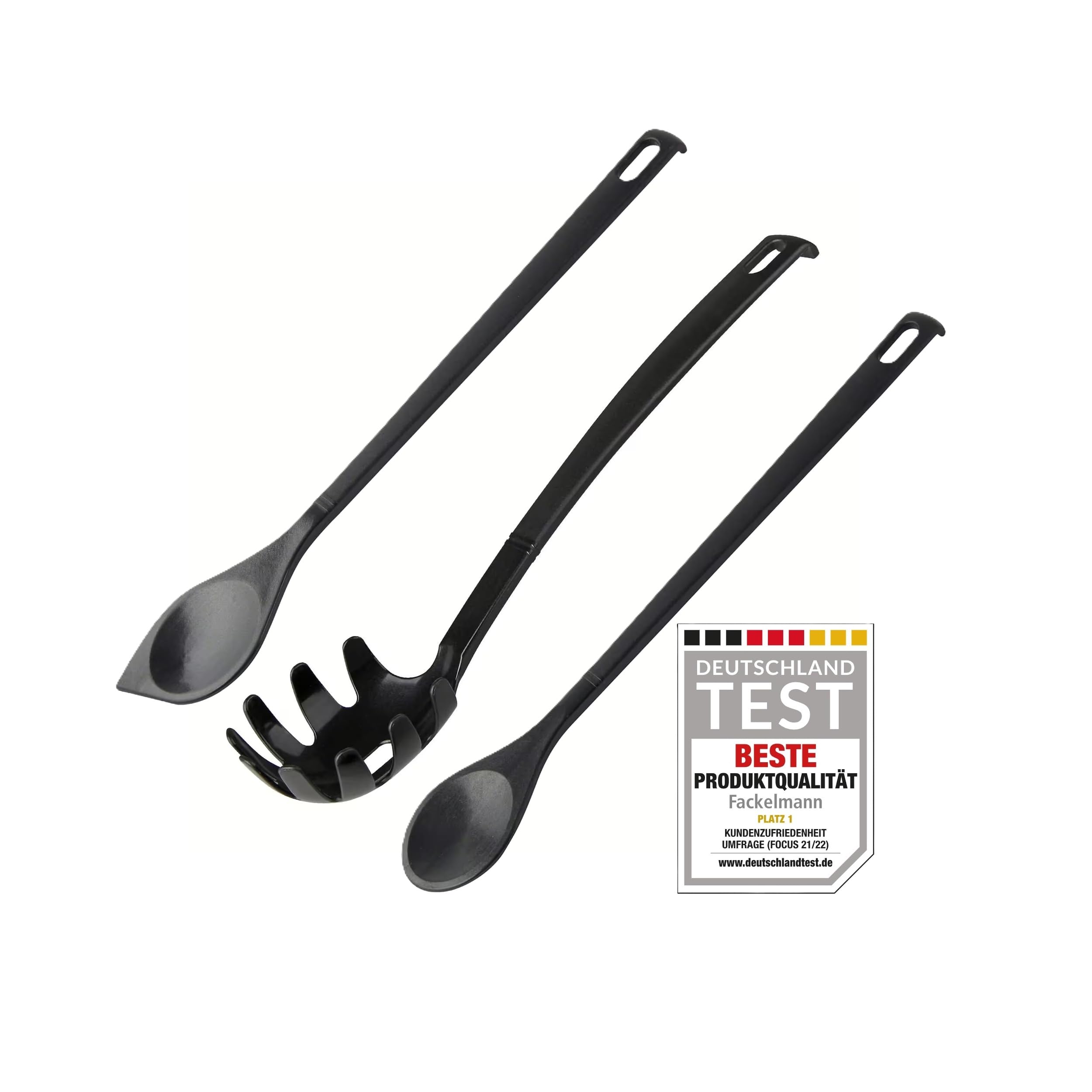 Fackelmann Nero Küchenhelfer-Set | Spitzlöffel 30 cm, Kochlöffel rund 31 cm & Spaghettilöffel 30 cm | hitzebeständig & spülmaschinengeeignet | für beschichtetes Kochgeschirr | Made in Germany