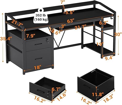 Miniatura 2 de Saranya 18 Shop - Escritorio de oficina negro moderno con cajones de archivos y estante para monitor, estantes de escritura, oficina en casa,