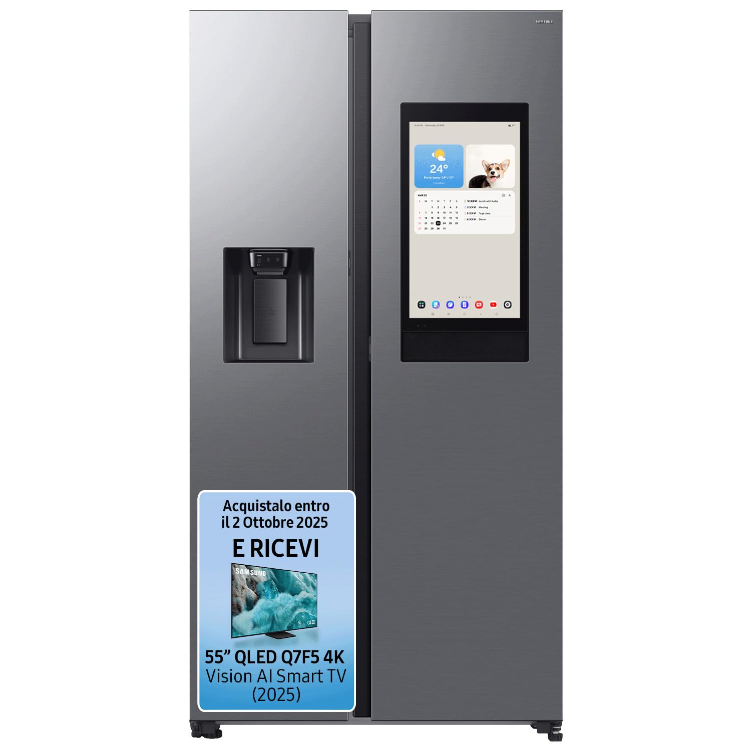 FRIGORIFERO SIDE BY SIDE SAMSUNG FAMILY HUB RS90F67BETEF 614L AI INVERTER DISPENSER DISPLAY LIBERA INSTALLAZIONE WIFI SILVER CLASSE E (Ricondizionato)