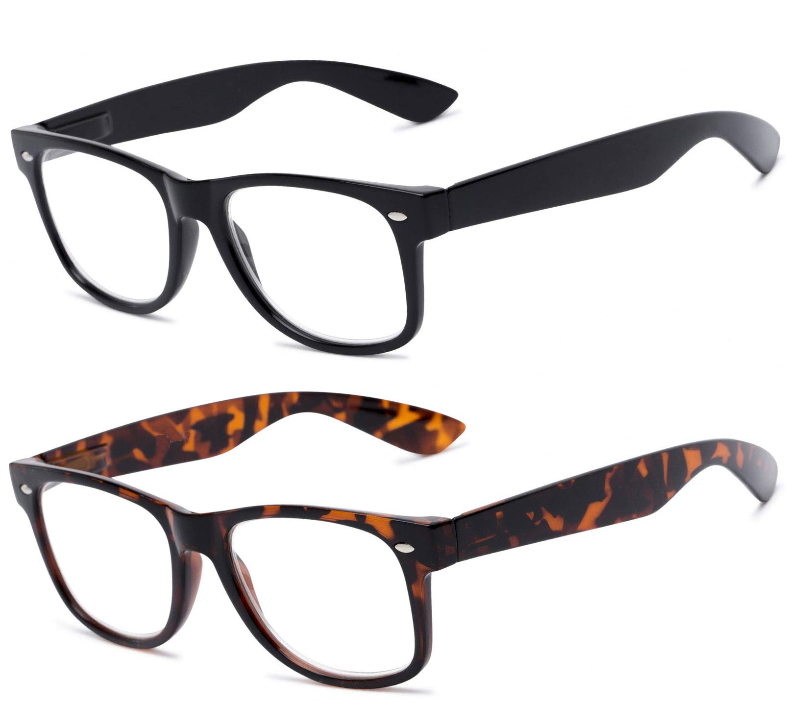 VeryHobby 2 Pairs Vintage Retro Inspired Clear Lens Reading Glasses Full Lens Reader for Men and Women (2 Pairs: Shiny Black & Tortoise Brown, +2.00)