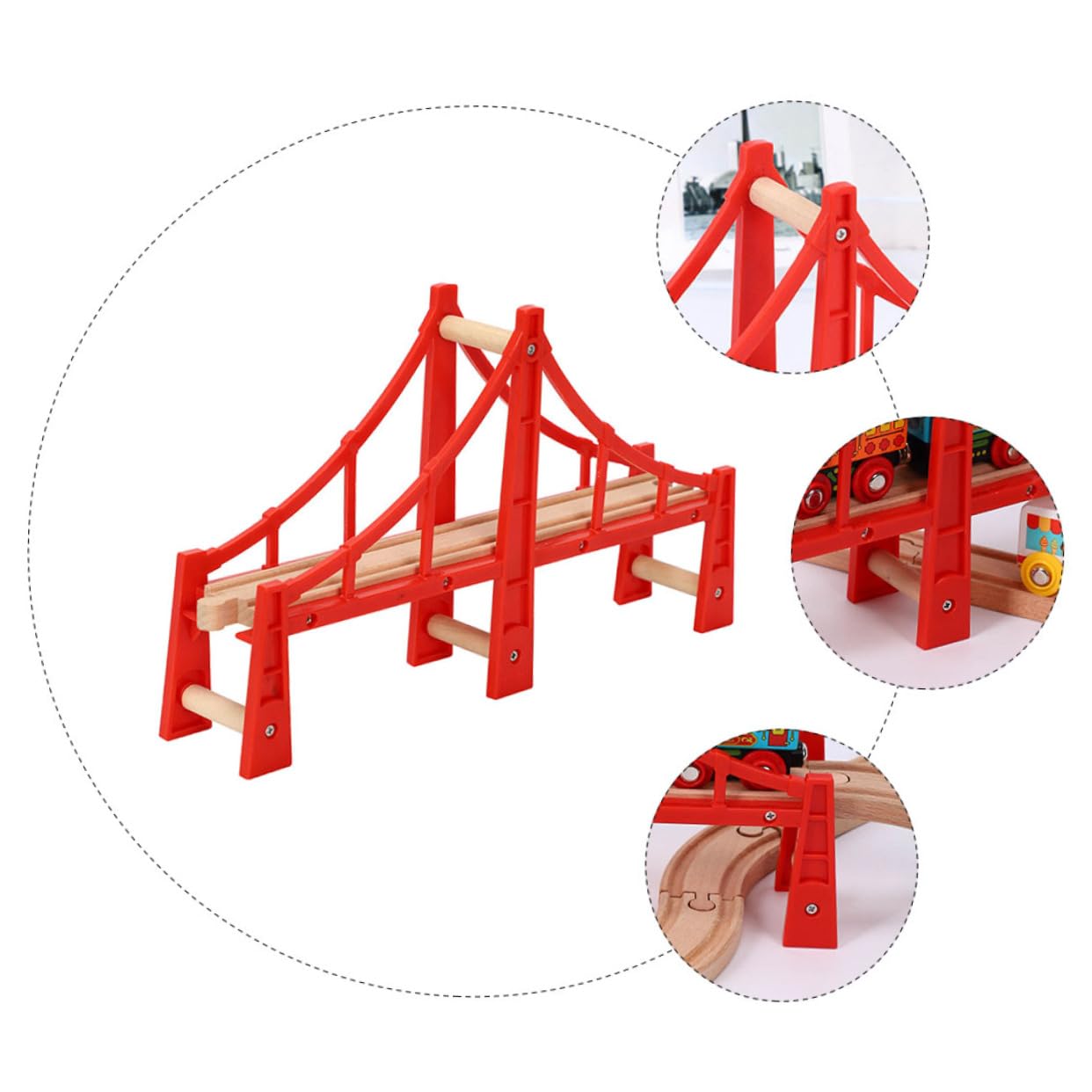 Pont Ferroviaire Surélevé Pendant la Saison des Fêtes en Bois Rouge Compatible Tous Jouets de Voies Ferrées Accessoire pour Circuits Garçon et Filles