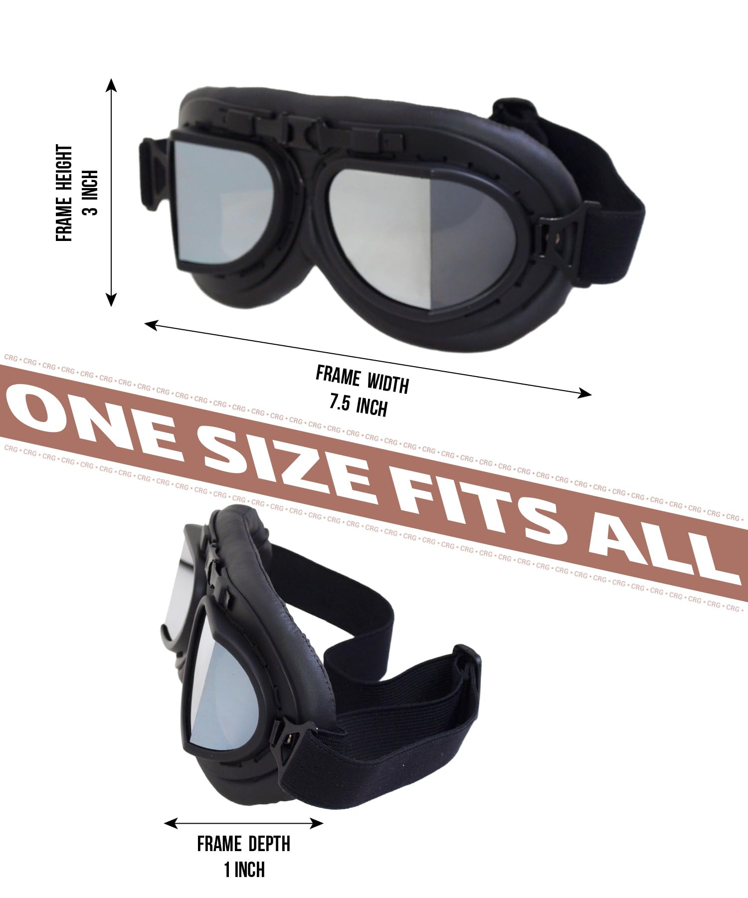 CRG Sports Vintage Aviator Pilot Style Moto Cruiser Scooter Goggle T08 T08BSB Lente Argento, telaio nero, imbottitura nera
