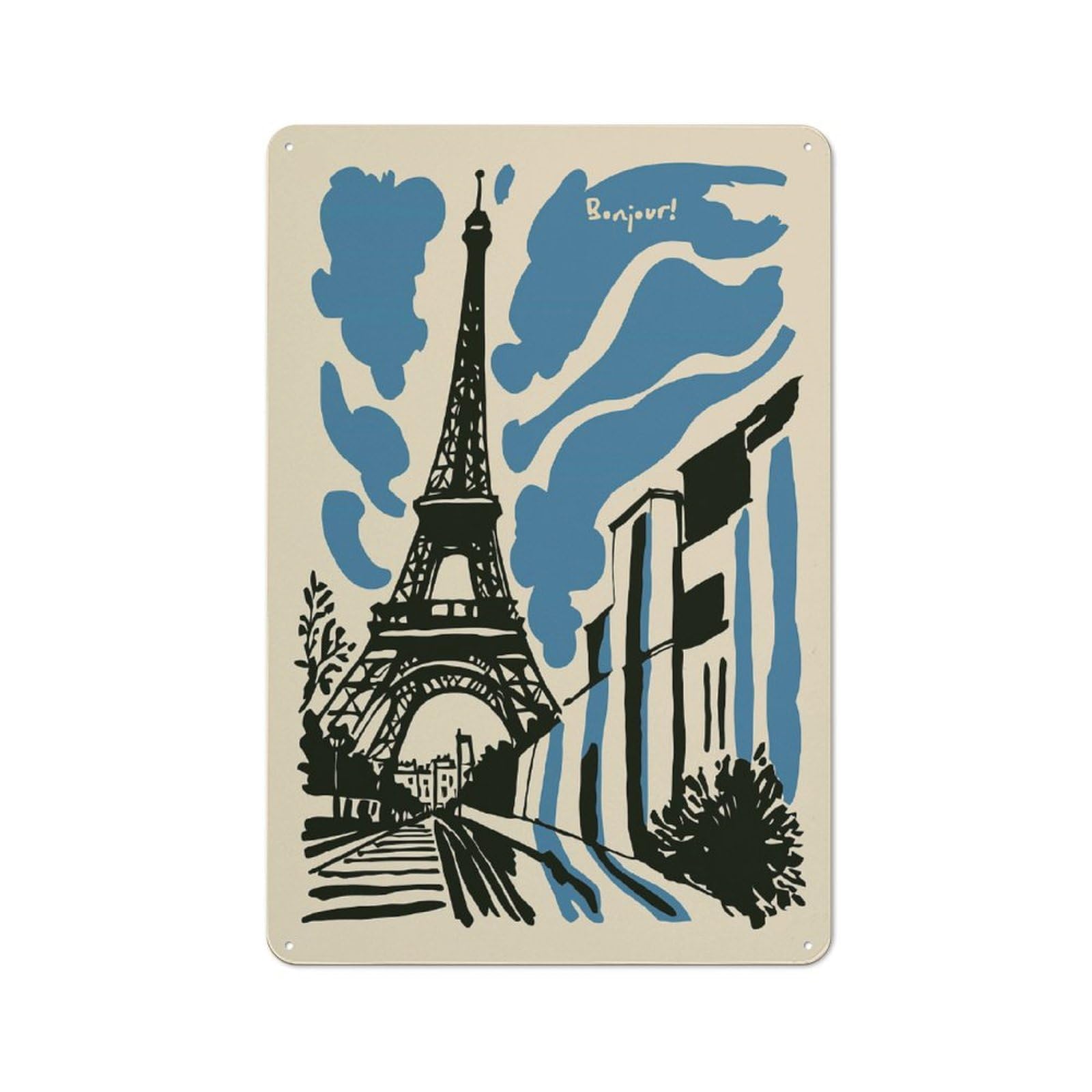 Understated Office Metal Sign 30x20cm Featuring Eiffel Tower Illustration with Bonjour Text, Studio Wall Plaque for Office, Study, Studio Or Hallway