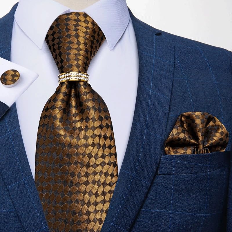 Conjunto de corbatas para hombre a cuadros con pañoleta y gemelos miniatura 2