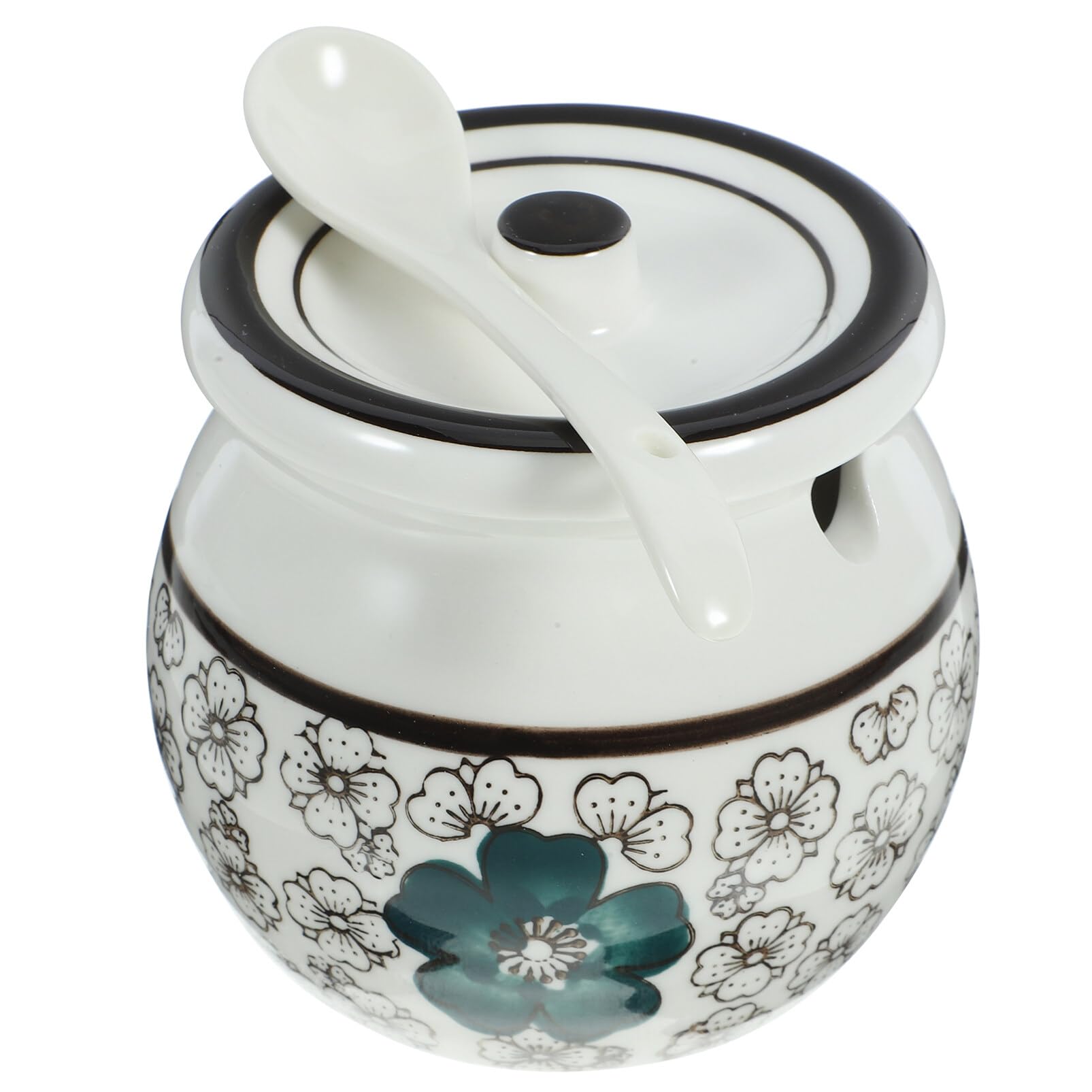 STOBAZA Ceramic Sugar Pot Sugar Bowl with Lid and Spoon Porcelain Seasoning Cellar Vintage Condiment Pot Salt Storage Jar Salt Container for Home Kitchen Restaurant Blue