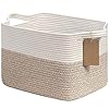Goodpick Woven Storage Basket, Cotton Rope Basket for Dog Toys, Books, Stylish Gift Basket with Handles, 13 x 10 x 9 Inches Square Baskets for Organizing, Brown and White