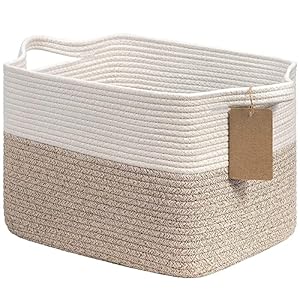 Goodpick Woven Storage Basket, Cotton Rope Basket for Dog Toys, Books, Stylish Gift Basket with Handles, 13 x 10 x 9 Inches Square Baskets for Organizing, Brown and White