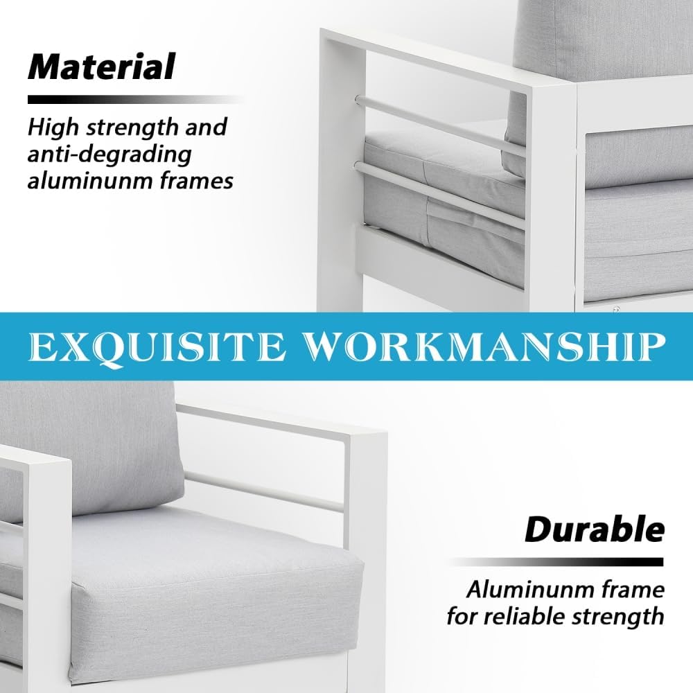 GOWE Patio Outdoor Convertible Sofa Aluminum White Sofa Couch Furniture Set with End Side Coffee Table 4 Pieces