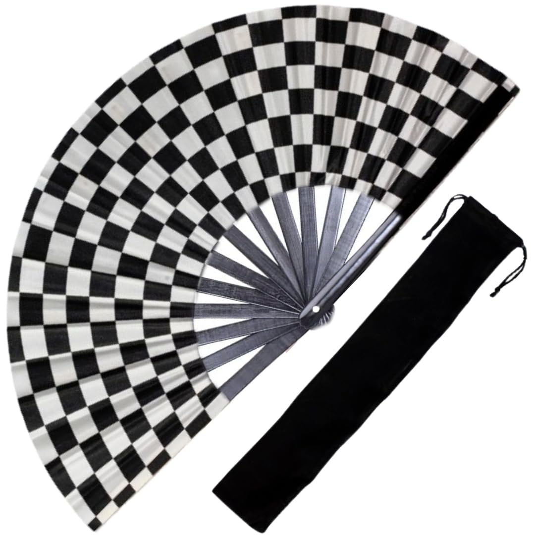 Decorative Rave Hand Fan – Large Folding Fans for Festivals, Drag Queen & Burlesque – Cute Holographic Rave Accessories for Women and Men (Checkered)