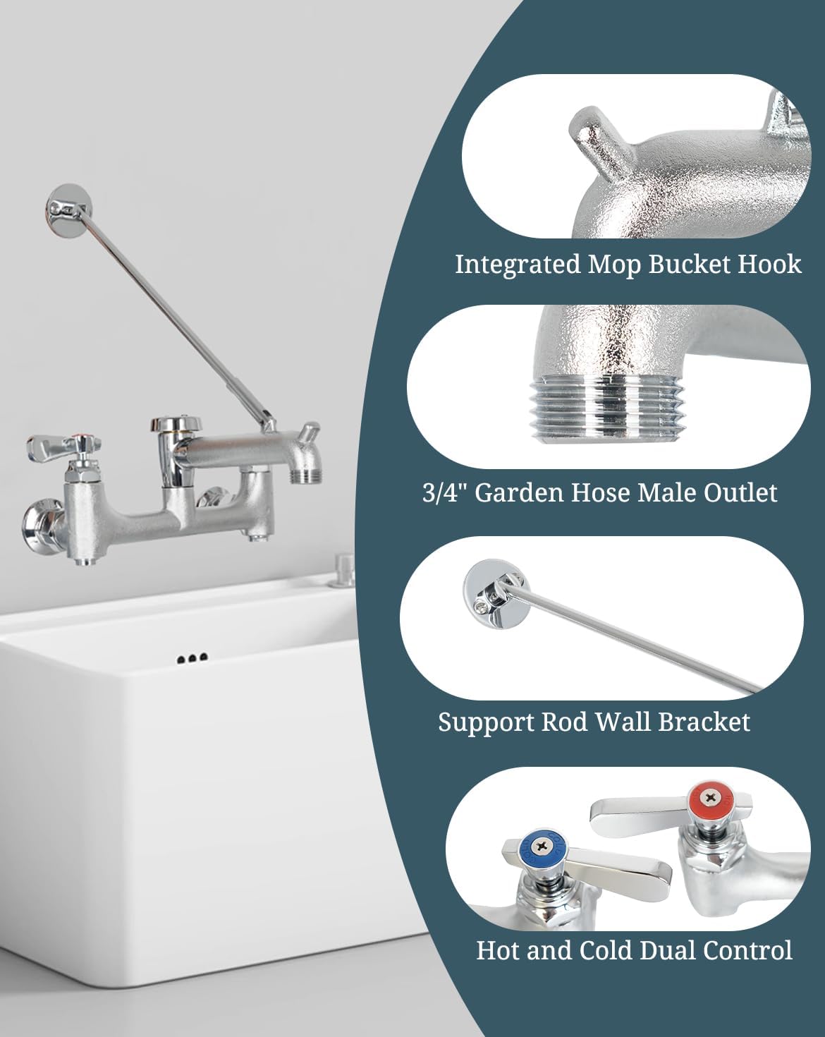 Commercial Mop Sink Faucet with Vacuum Breaker Wall Mount Service Sink Faucet & 3-1/2 Inch Commercial Sink Drain with Twist Handle Kitchen Sink Opening Waste Drain