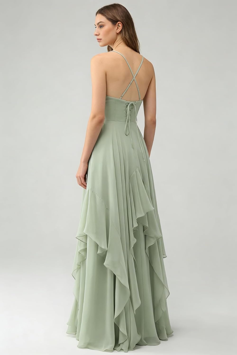 Spaghetti Chiffon V-Neck Formal Evening Cocktail Party Dresses for Women, Wedding Gowns Prom Dresses with Ruffles - Image 3