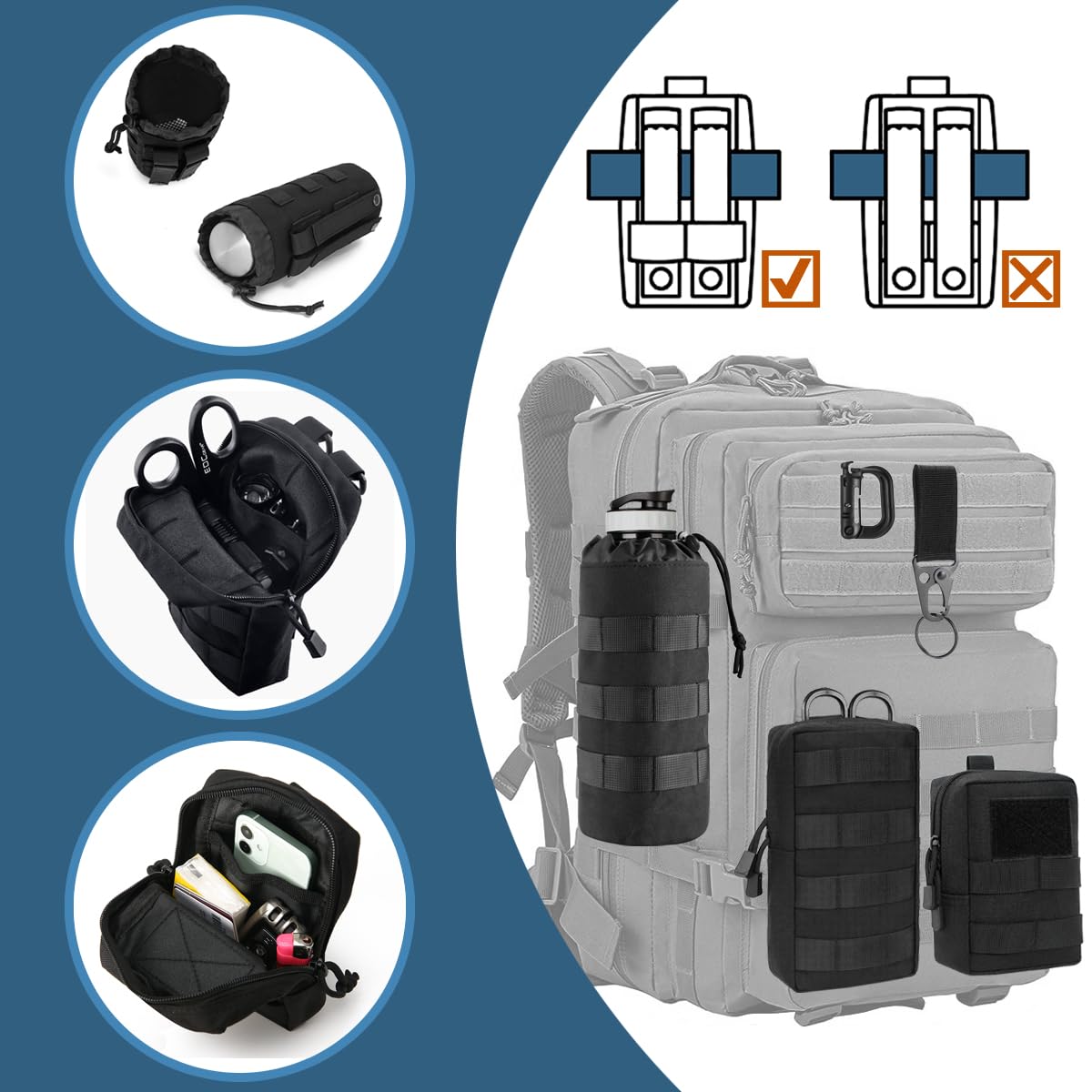 MUCHER 3 Pack Molle Tasche Taktische Hüfttaschen EDC Utility Bauchtasche Hüfttasche mit 3 Haken und Schlüsselanhänger für Outdoor Wandern Jagdcamping Training