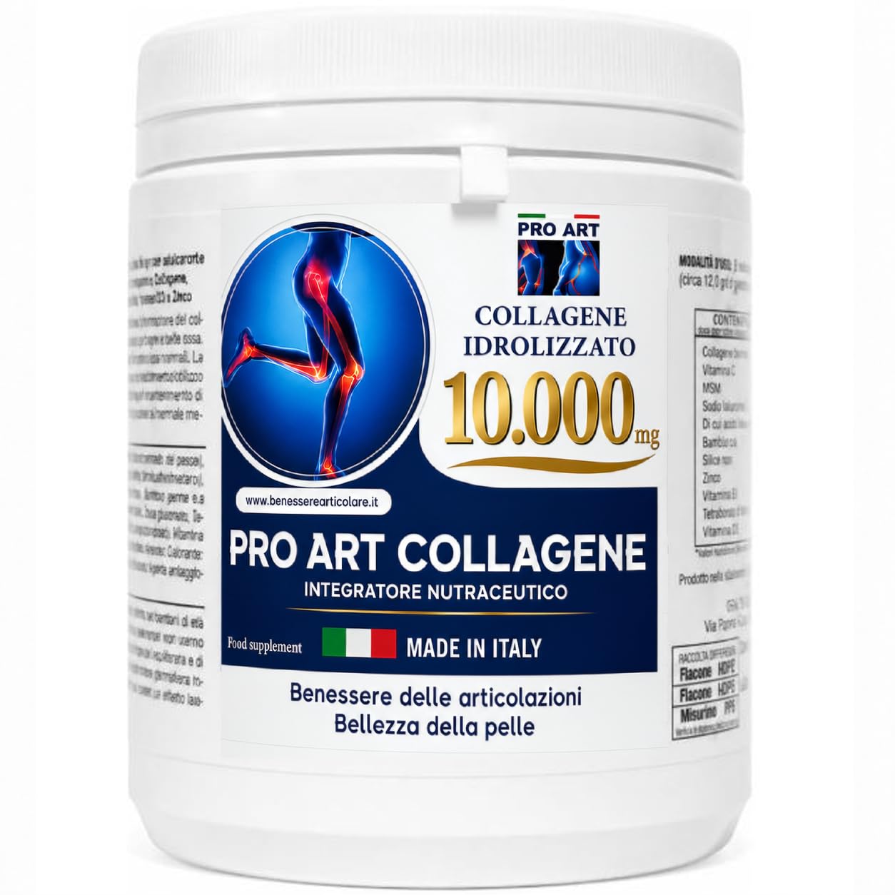 PRO ART Collagene Marino Idrolizzato Alto Dosaggio in Polvere 10.000 mg con Acido Ialuronico, Vitamina C e Zinco per Pelle Articolazioni e Capelli – 366 g Made in Italy