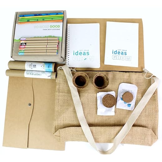 bioQ Eco-Friendly Mega Jute Kit | 1 Folder & Pouch (A4 Size) + 2 Notepads (A5 Size) + 5 Seed Pencils + 7 Plantable Colouring Pens + 2 Mini Planting Sets | Eco Stationery Gift Set